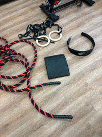Workout equipment: battle ropes, ab mat, dip rings, lifting belt