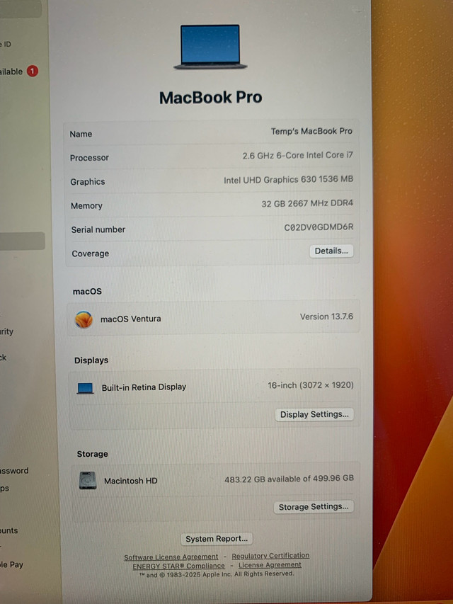 MacBook Pro 2019 16” - i7 - 32GB RAM - 512GB SSD in Laptops in Ottawa - Image 3