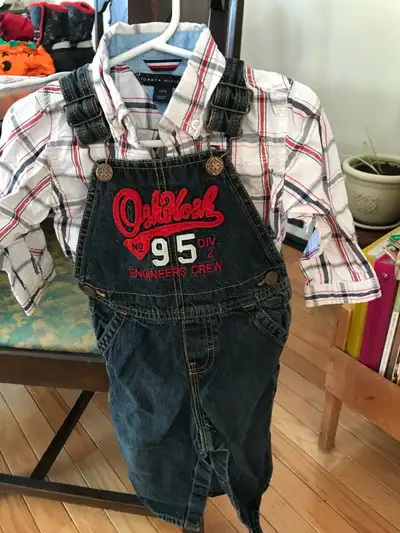Toddlers overalls and plaid shirt, View more