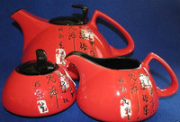 LA DOLCE VITA Chinese Writing Red & Black Ceramic Tea Set