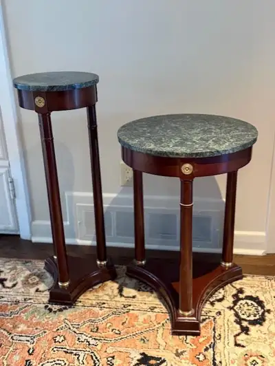 Two Mahoney stained with Green Marble-topped Tables. End table and Pedestal table. Selling both as a...