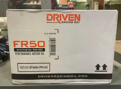 Brand new case of 12 - 1qt bottles of Driven FR50 5W-50 oil. Located in Hensall or London during the...
