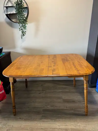 Wood dining table with 5 chairs, 2 leaves, View more