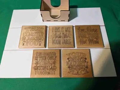 Cherry Coasters with Phrases ingravied on them., View more