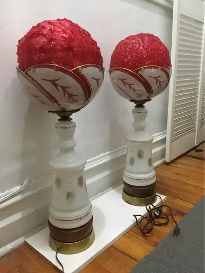 2 Beautiful White Glass Mid Century Table Lamps with Red Lucite, View more