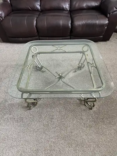Glass and iron coffee table, View more