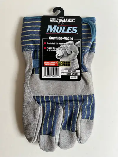 These are a new pair of Wells Lamont Mules cowhide work gloves, designed for durability and comfort...