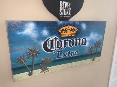 Vintage Corona Extra BEER, Painted solid wood sign Mint condition Features an artfully decorated, pa...