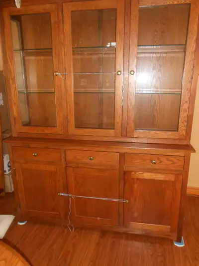 Solid oak 64" hutch 3 glass and wood doors height 76 depth17", View more