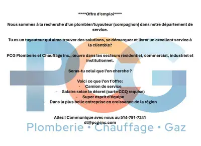****Offre d’emploi**** Nous sommes à la recherche d’un plombier/tuyauteur (compagnon) dans notre dép...