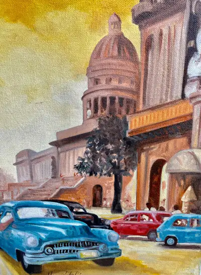 For sale is a lovely original oil painting, depicting a cityscape that features a classic blue colou...