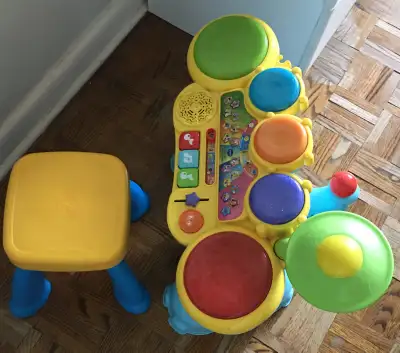 1. VTech Zoo Jamz Stompin' Fun Drums with Stool Missing original plastic drumsticks, but the pads ar...