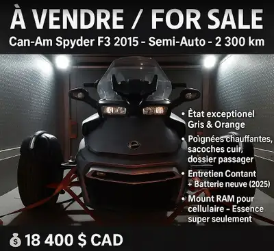 Spyder F3-S 2015 semi-automatique, couleur gris mat avec accents orange, seulement 2 300 km – en éta...
