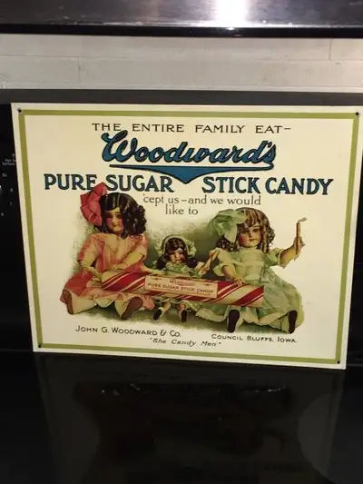 Retro Woodward's Pure Sugar Stick Candy advertising sign. Very nice colours and graphics Measures ap...