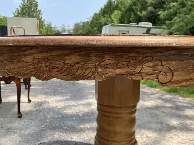  Solid oak Wood dining room table @ Engraved around the s in Dining Tables & Sets in Markham / York Region - Image 3