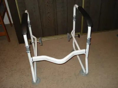 Toilet assist bars/safety rails. Work great. Suction cups on bottom 4 feet. Suction cups that brace...