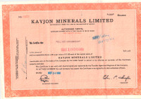 Scripophily - Kayjon Minerals Ltd - Share Certificates