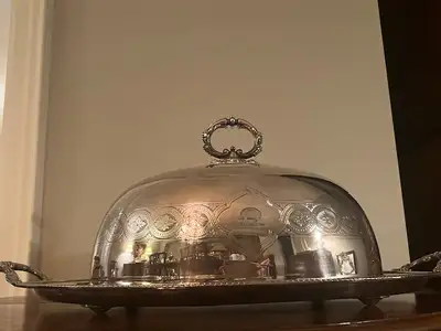 Much more than pictured majolica Restoration Hardware chandelier light fixture silver meat dome Bell...