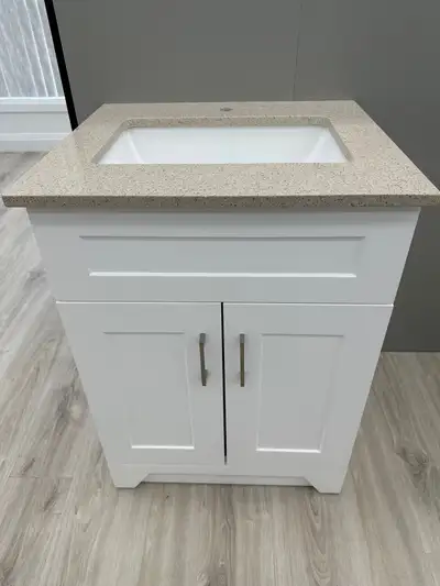 Give your bathroom a sophisticated look with beautiful white vanity with single sink. Nice and smoot...