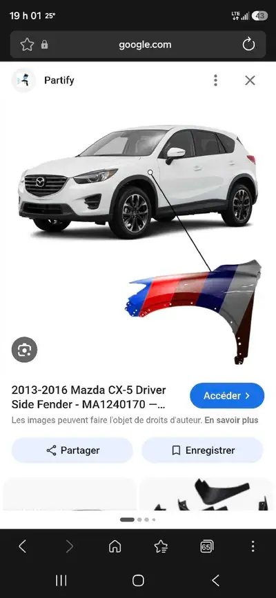 Ailes avant pour CX5 2013 - 2016 Peinture 34k Crystal pearl white 400$ chaque - 750$ les deux -payé...