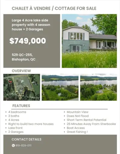 **Spacious 4-Season Cottage for Sale – 4 Bedrooms, 3 Bathrooms, Lake Access, Garage – A Hidden Gem A...
