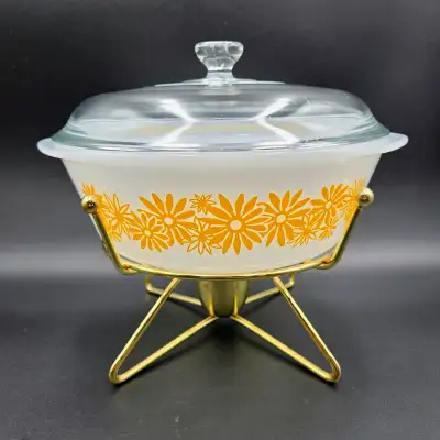 Vintage Glasbake Ovenware Yellow Daisy Casserole 514 Lid Brass W, View more