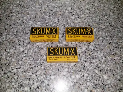 Here are three vintage boxes of SKUM-X Drafting Powder, they're still sealed new. All three boxes fo...
