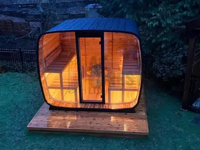 8FT Premium Western Red Cedar Square Barrel Sauna – Panoramic Glass Front We build handcrafted cedar...