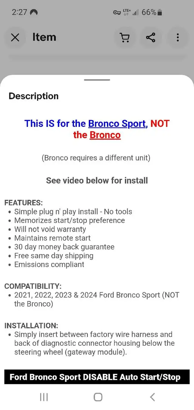 Auto stop eliminator for ford bronco sport in Other Parts & Accessories in Sault Ste. Marie - Image 3
