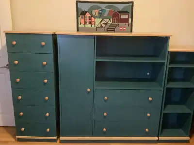 Québec manufactured wooden chest of drawers and bookcase in teal, View more