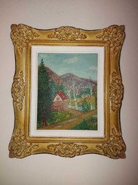 Small vintage 8" by 10" oil on board landscape painting, unsigne