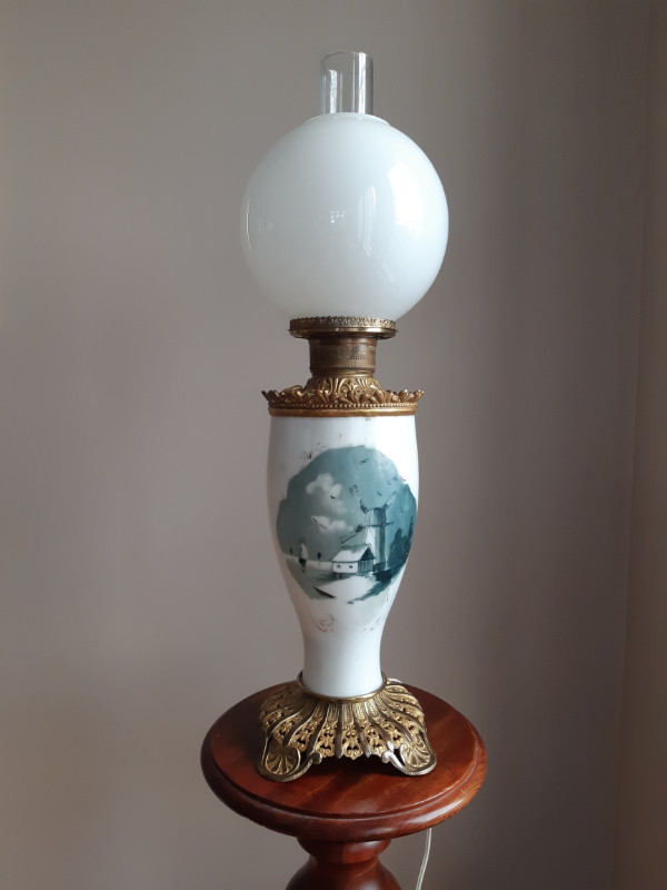 Unique Vintage Milk Glass Hurricane LAMP:  With Dutch scene in Arts & Collectibles in Ottawa - Image 2