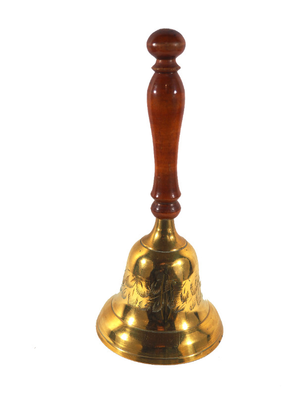 8 1/2" Brass School Bell with Wooden Handle and Leaf Design in Arts & Collectibles in St. Albert