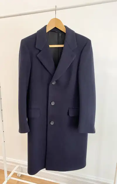 Navy blue, 3 button wool, 3/4 length overcoat made by The Bay Canada in great condition with no noti...