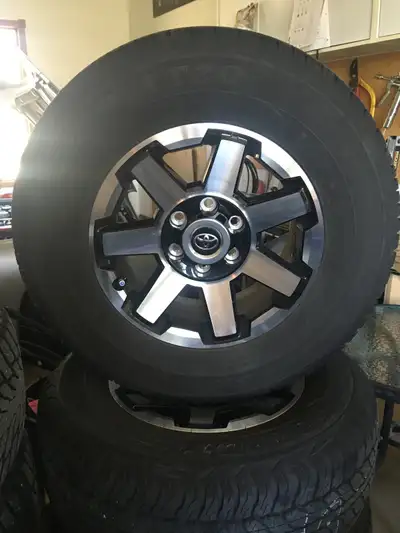 As new take-off 17" wheels, tires (265/70R17), and Toyota TPMS sensors from a 2024 Toyota 4Runner Of...