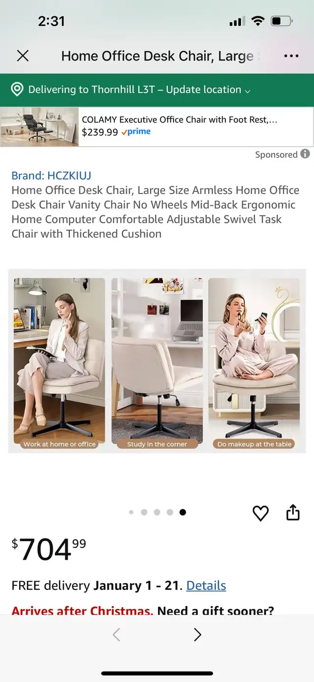 Large Size Armless Home Office Desk Chair Vanity Chair No Wheels in Chairs & Recliners in Markham / York Region - Image 11