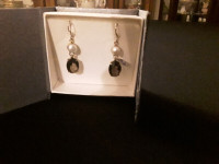 SMOKED TOPAZ  & PEARL 925 SILVER EARRINGS -NEW