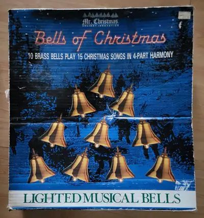 Vintage Mr. Christmas Bells of Christmas Musical Lighted Brass Bells in working condition. Tested