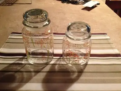 Beautiful Floral Design Vintage Glass Canister Set Tallest stands 7" High Good condition - No nics o...