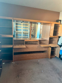 Oak queen size bedroom headboard with mirror and storage set