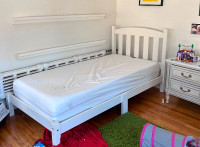 Kids white twin bed: frame, mattress and night stand