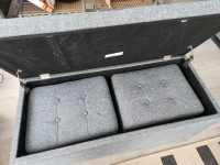 Grey storage bench seat and 2 ottomans 