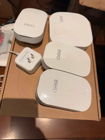 Amazon eero Pro WiFi Mesh WiFi Router B010001 + 3 Eero D010001 Extender Beacon System Introducing th...