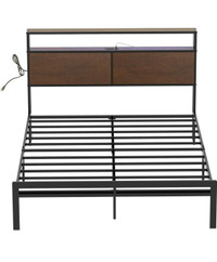 HAUSOURCE Queen Bed Frame with Storage Headboard LED Lights Meta
