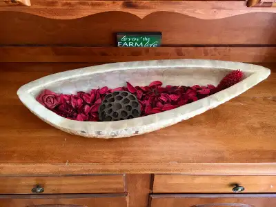 Very unique mother of pearl finish oblong bowl. Can be used for décor, potpourri, produce bowl, succ...