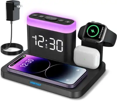 5 in 1 Wireless Charger Stand with Alarm Clock,7 Lights, Charging Dock for iPhone ,Samsung, Apple Wi...