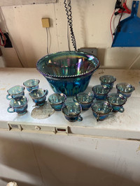 Vintage Carnival Glass Punch Bowl with 12 cups