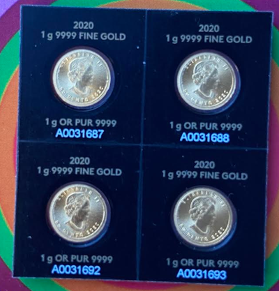 RARE 4X2020 Canada Maple Leaf .9999 1g Fine Gold Coins 50 Cents, View more