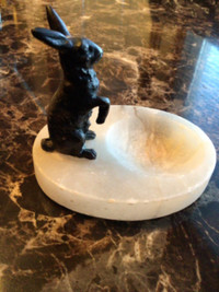 Vintage Metal Rabbit on Soapstone Trinket Bowl