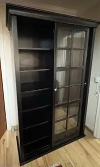 Wooden book shelf with glass sliding doors 